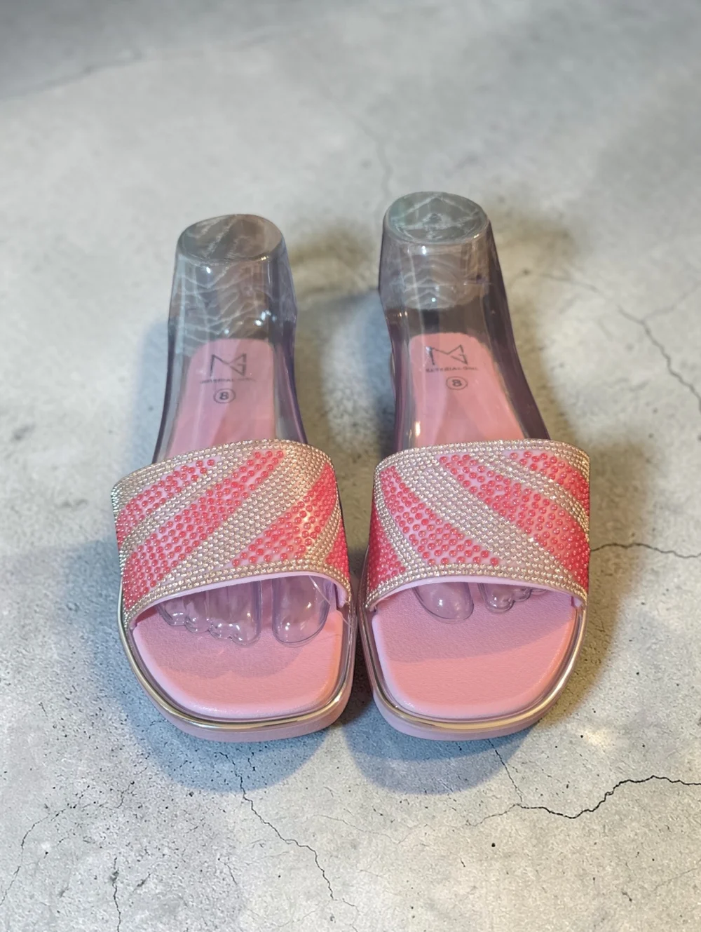 Material Girl Pink & Silver Rhinestone Slide Sandals